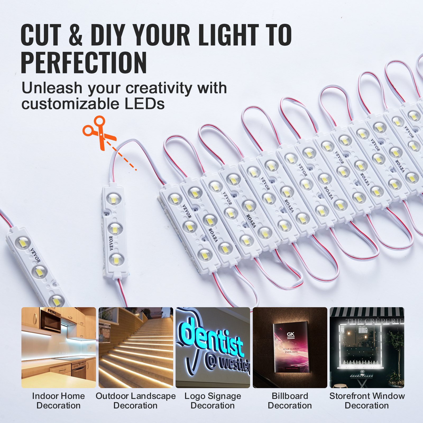 VEVOR 200PCS LED Storefront Lights, 108 ft DC 12V, LED Module Lights, 5730 SMD 3-LED 1.5W Window Lights with Tape Adhesive Backside, for Business Store Window Advertising Letter Signs, IP68 Waterproof