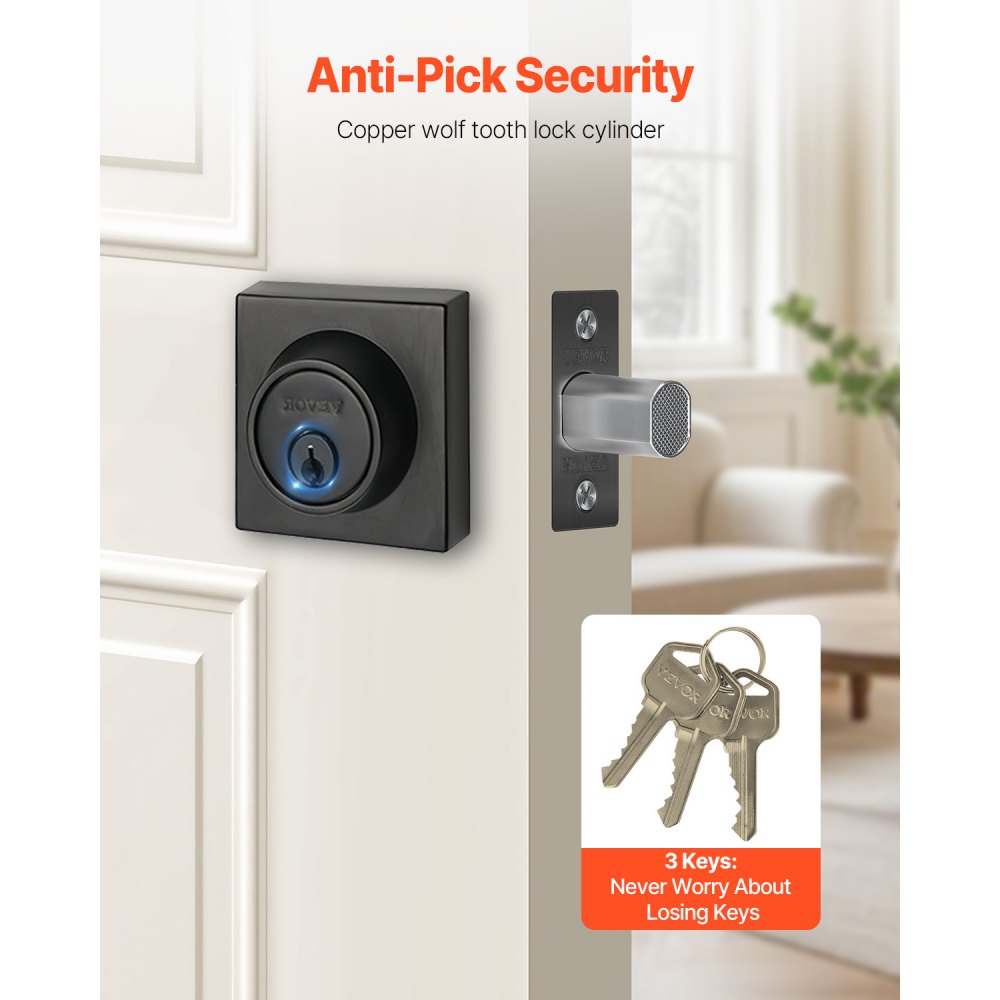 VEVOR Deadbolt Lock, Square Single Cylinder Dead Bolt, Keyed 1 Side, Fits Standard Size Interior and Exterior Doors, Full Metal, with 3 Keys, for Front Entry Door Residential Security, Matte Black