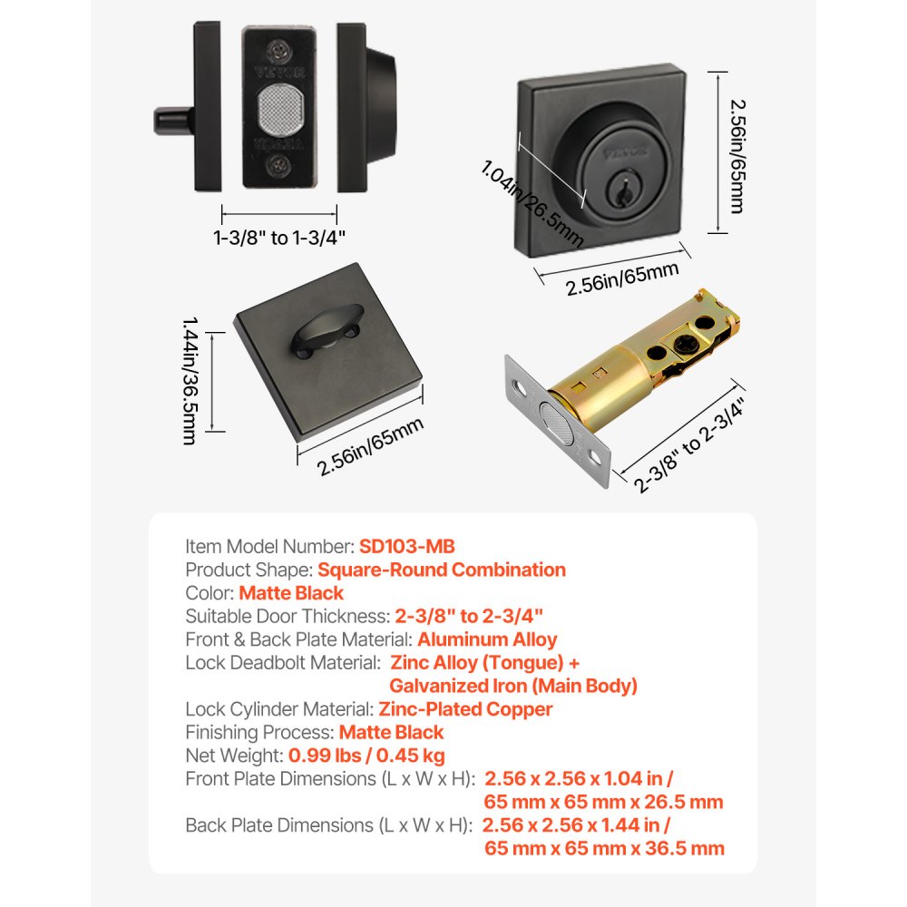 VEVOR Deadbolt Lock, Square Single Cylinder Dead Bolt, Keyed 1 Side, Fits Standard Size Interior and Exterior Doors, Full Metal, with 3 Keys, for Front Entry Door Residential Security, Matte Black