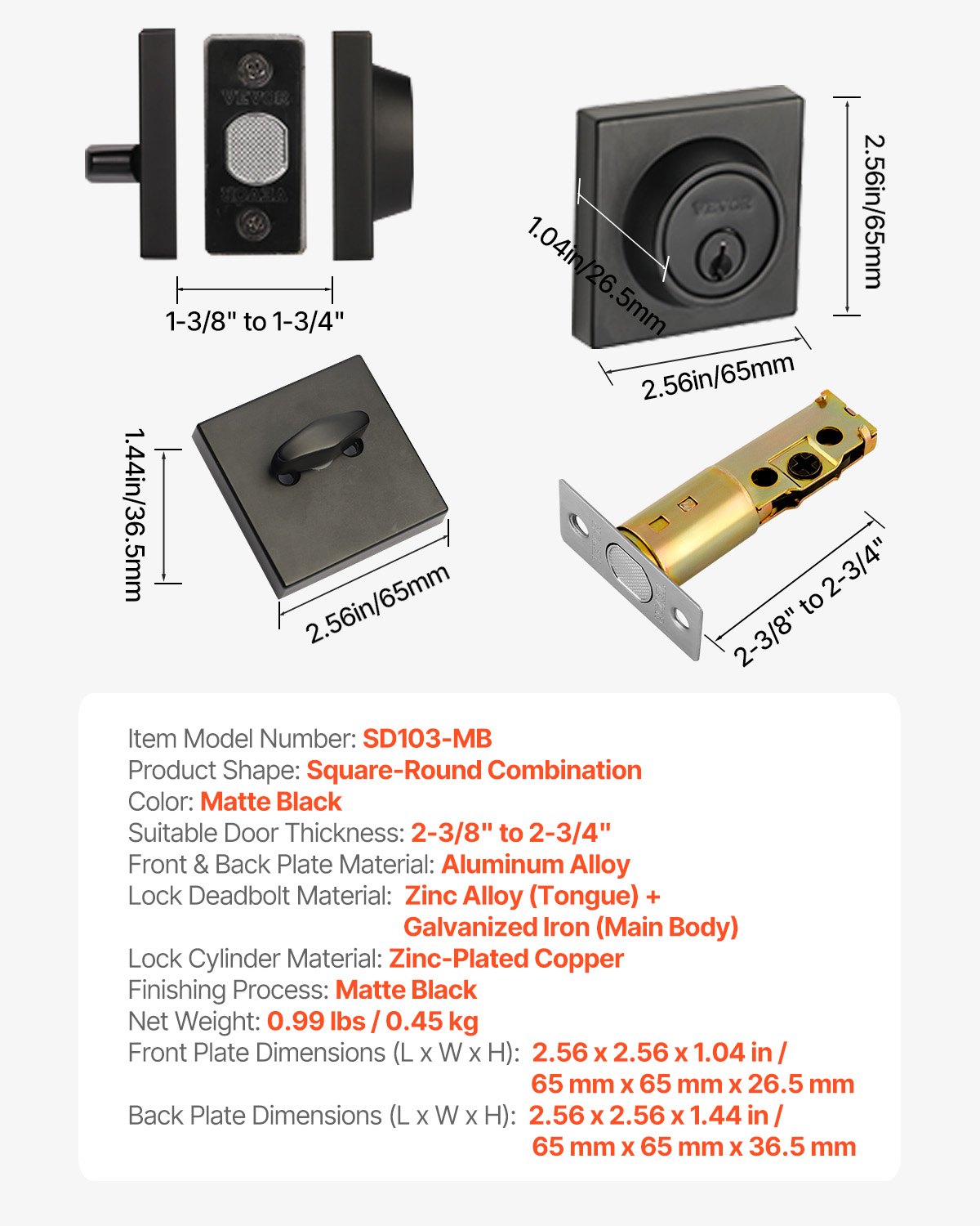 VEVOR Deadbolt Lock, Square Single Cylinder Dead Bolt, Keyed 1 Side, Fits Standard Size Interior and Exterior Doors, Full Metal, with 3 Keys, for Front Entry Door Residential Security, Matte Black