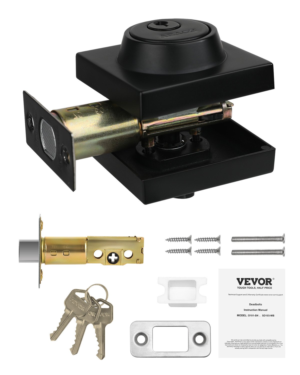 VEVOR Deadbolt Lock, Square Single Cylinder Dead Bolt, Keyed 1 Side, Fits Standard Size Interior and Exterior Doors, Full Metal, with 3 Keys, for Front Entry Door Residential Security, Matte Black