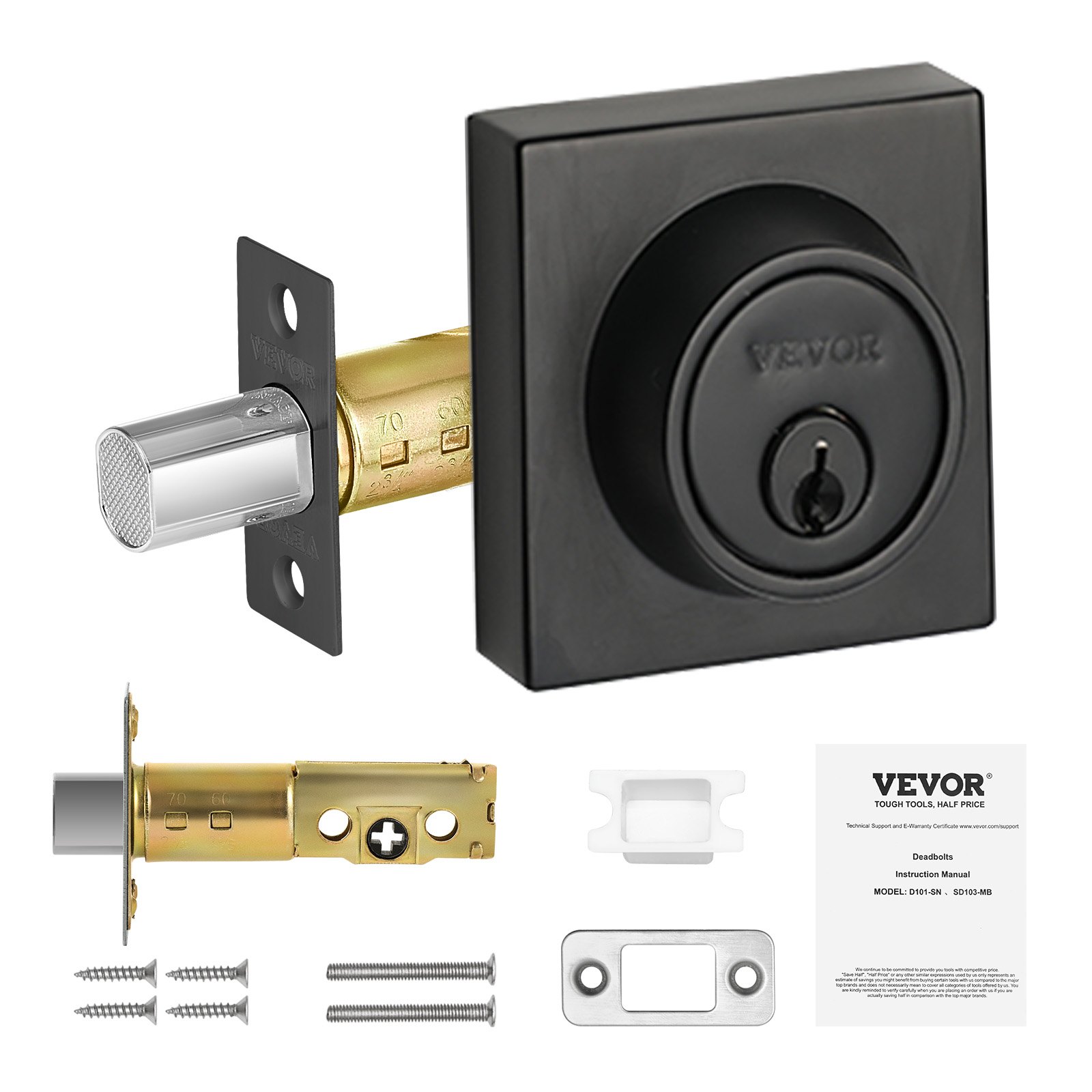 VEVOR Deadbolt Lock, Square Single Cylinder Dead Bolt, Keyed 1 Side, Fits Standard Size Interior and Exterior Doors, Full Metal, with 3 Keys, for Front Entry Door Residential Security, Matte Black