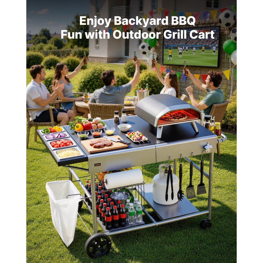 VEVOR Outdoor Grill Cart, Grilling Table, Movable Outdoor Cooking Table with 4 Spice Containers, Wheels, Lids, Hooks, BBQ Prep Tables for Picnic, Kitchen, Courtyard