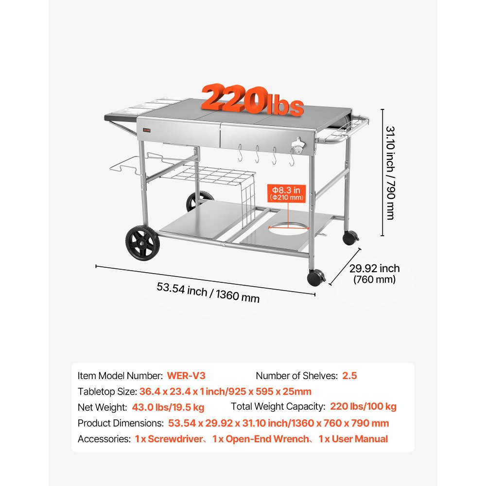 VEVOR Outdoor Grill Cart, Grilling Table, Movable Outdoor Cooking Table with 4 Spice Containers, Wheels, Lids, Hooks, BBQ Prep Tables for Picnic, Kitchen, Courtyard