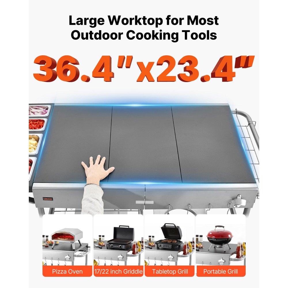 VEVOR Outdoor Grill Cart, Grilling Table, Movable Outdoor Cooking Table with 4 Spice Containers, Wheels, Lids, Hooks, BBQ Prep Tables for Picnic, Kitchen, Courtyard
