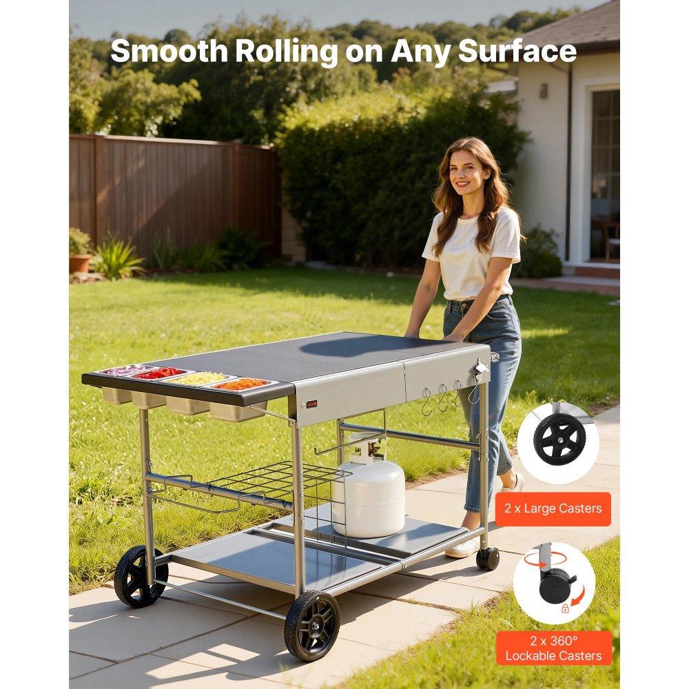 VEVOR Outdoor Grill Cart, Grilling Table, Movable Outdoor Cooking Table with 4 Spice Containers, Wheels, Lids, Hooks, BBQ Prep Tables for Picnic, Kitchen, Courtyard