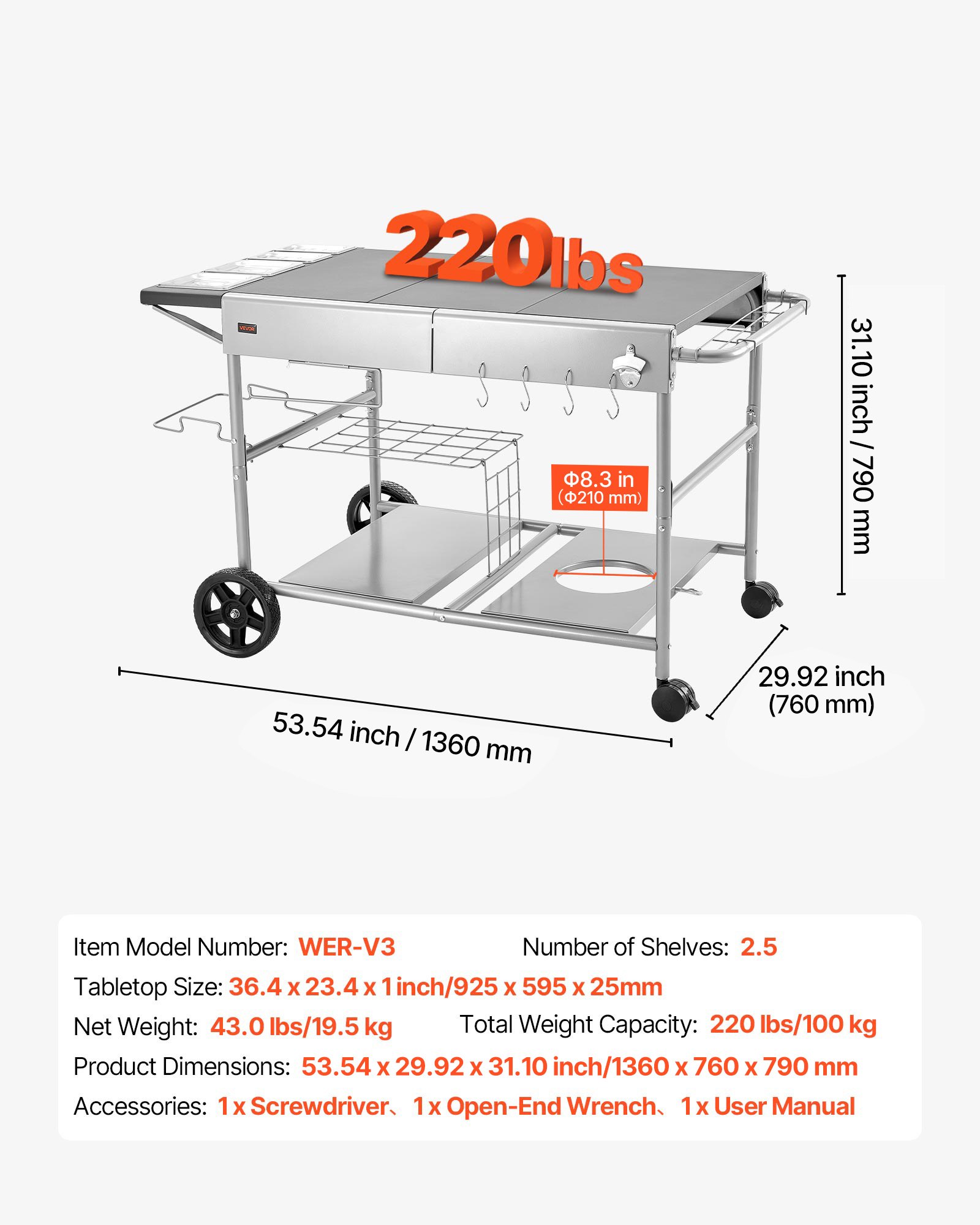 VEVOR Outdoor Grill Cart, Grilling Table, Movable Outdoor Cooking Table with 4 Spice Containers, Wheels, Lids, Hooks, BBQ Prep Tables for Picnic, Kitchen, Courtyard