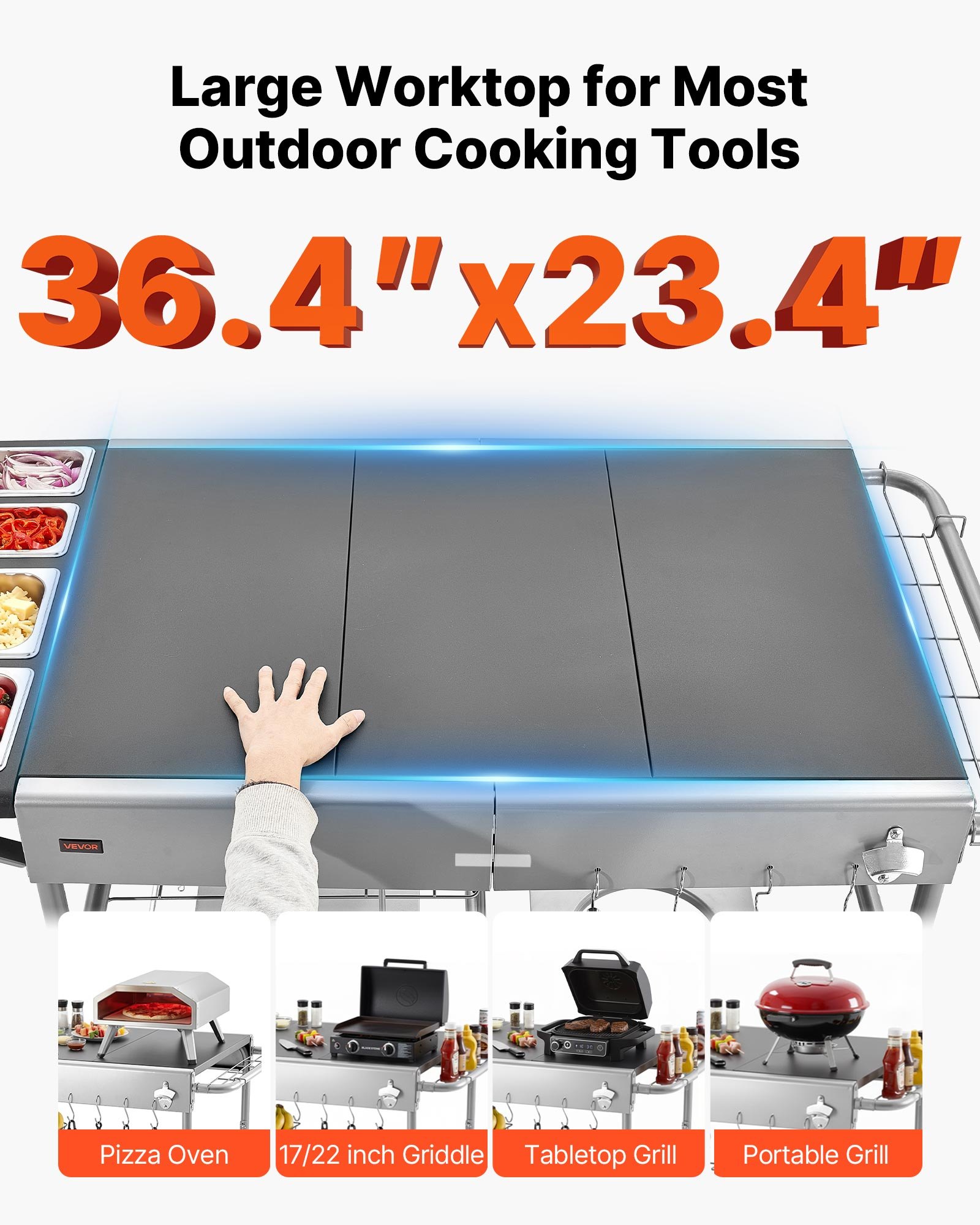 VEVOR Outdoor Grill Cart, Grilling Table, Movable Outdoor Cooking Table with 4 Spice Containers, Wheels, Lids, Hooks, BBQ Prep Tables for Picnic, Kitchen, Courtyard