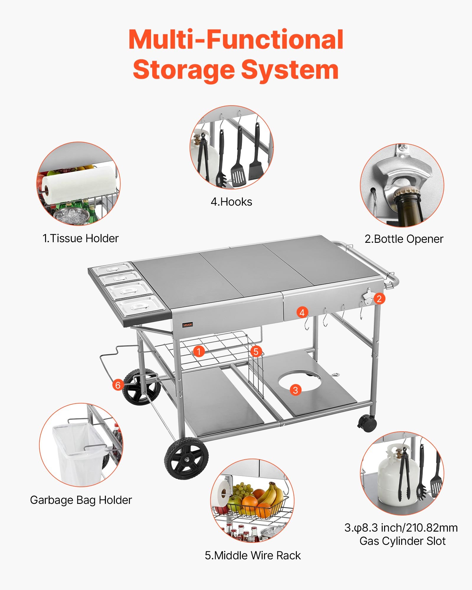 VEVOR Outdoor Grill Cart, Grilling Table, Movable Outdoor Cooking Table with 4 Spice Containers, Wheels, Lids, Hooks, BBQ Prep Tables for Picnic, Kitchen, Courtyard