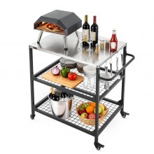 VEVOR Outdoor Grill Cart, 31.5 x 24.0 inch Stainless Steel Tabletop Size Grilling Table, Outdoor Cooking Table with 4 Wheels & Side Handle, Two Mesh Shelves, BBQ Prep Tables for Patio, Garden