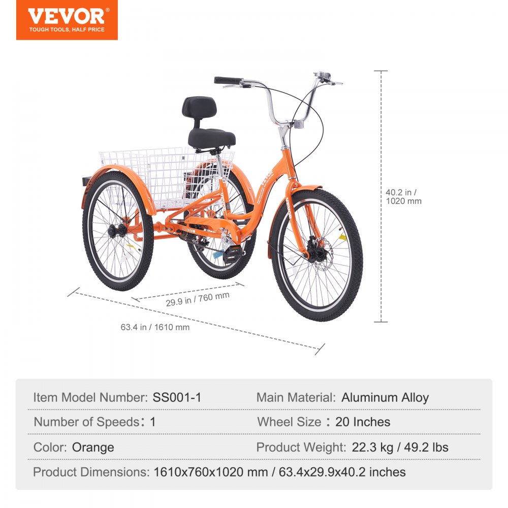 VEVOR Adult Tricycles Bike, 20 Inch Three-Wheeled Bicycles, 3 Wheel Bikes Trikes, Aluminum Alloy Cruiser Bike with Basket & Adjustable Seat, Picnic Shopping Tricycles for Seniors, Women, Men (Orange)