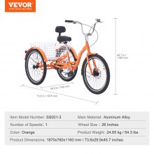 VEVOR Tricycles pour adultes, vélos à trois roues de 26 pouces, vélos à 3 roues, vélo de croisière en alliage d'aluminium avec panier et siège réglable, tricycles de pique-nique pour personnes âgées, femmes, hommes (orange)