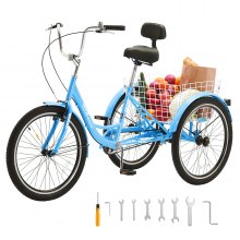 VEVOR Bicicleta de triciclo para adultos, bicicletas de tres ruedas de 24 pulgadas, triciclos de 3 ruedas, bicicleta de crucero de acero al carbono con cesta y asiento ajustable, triciclos de compras de picnic para personas mayores, mujeres, hombres (azul)
