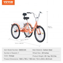 VEVOR Adult Tricycles Bike, 26 Inch Three-Wheeled Bicycles, 3 Wheel Bikes Trikes, Carbon Steel Cruiser Bike with Basket & Adjustable Seat, Picnic Shopping Tricycles for Seniors, Women, Men (Orange)