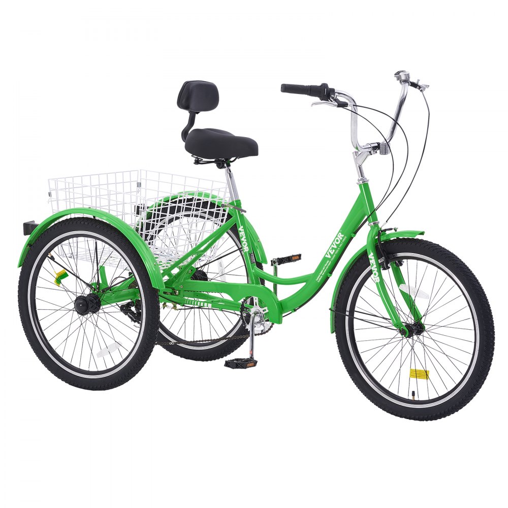 VEVOR Adult Tricycles Bike, 7 Speed Adult Trikes, 20 Inch Three-Wheeled Bicycles, Carbon Steel Cruiser Bike with Basket and Adjustable Seat, Picnic Shopping Tricycles for Seniors, Women, Men (Green)