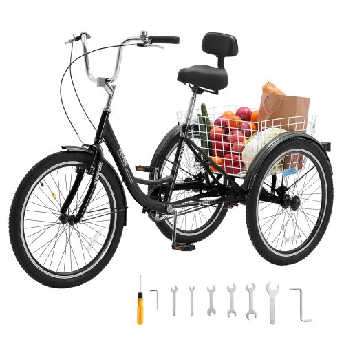 VEVOR Adult Tricycles Bike, 20 Inch Three-Wheeled Bicycles, 3 Wheel Bikes Trikes, Carbon Steel Cruiser Bike with Basket & Adjustable Seat, Picnic Shopping Tricycles for Seniors, Women, Men (Black)