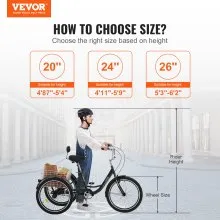 VEVOR Adult Tricycles Bike, 20 Inch Three-Wheeled Bicycles, 3 Wheel Bikes Trikes, Carbon Steel Cruiser Bike with Basket & Adjustable Seat, Picnic Shopping Tricycles for Seniors, Women, Men (Black)