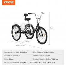 VEVOR Adult Tricycles Bike, 20 Inch Three-Wheeled Bicycles, 3 Wheel Bikes Trikes, Carbon Steel Cruiser Bike with Basket & Adjustable Seat, Picnic Shopping Tricycles for Seniors, Women, Men (Black)
