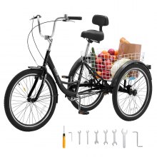 VEVOR Tricycles pour adultes, vélos à trois roues de 20 pouces, vélos à 3 roues, vélo de croisière en acier au carbone avec panier et siège réglable, tricycles de pique-nique pour personnes âgées, femmes, hommes (noir)