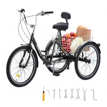 VEVOR Tricycles pour adultes, tricycles pour adultes à 7 vitesses, vélos à trois roues de 24 pouces, vélo de croisière en acier au carbone avec panier et siège réglable, tricycles de pique-nique pour personnes âgées, femmes et hommes (noir)