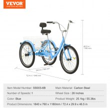 VEVOR Bicicleta de triciclo para adultos, bicicletas de tres ruedas de 26 pulgadas, triciclos de 3 ruedas, bicicleta de crucero de acero al carbono con cesta y asiento ajustable, triciclos de compras de picnic para personas mayores, mujeres, hombres (azul)