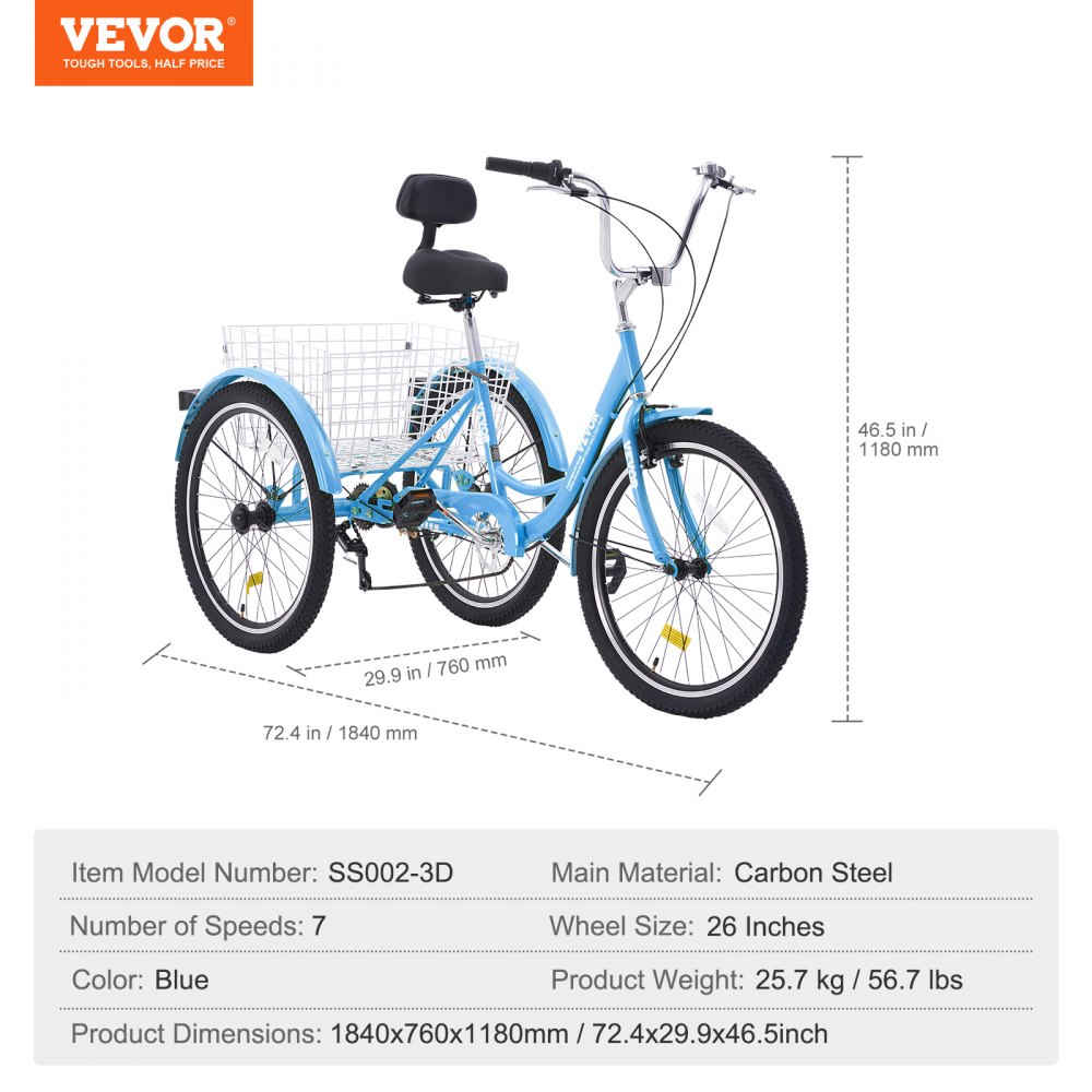 VEVOR Adult Tricycles Bike, 20 Inch Three-Wheeled Bicycles, 3 Wheel Bikes Trikes, Carbon Steel Cruiser Bike with Basket & Adjustable Seat, Picnic Shopping Tricycles for Seniors, Women, Men (Black)
