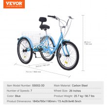 VEVOR Triciclos para adultos, triciclos para adultos de 7 velocidades, bicicletas de tres ruedas de 26 pulgadas, bicicleta de crucero de acero al carbono con cesta y asiento ajustable, triciclos de compras para picnic para personas mayores, mujeres, hombres (azul)