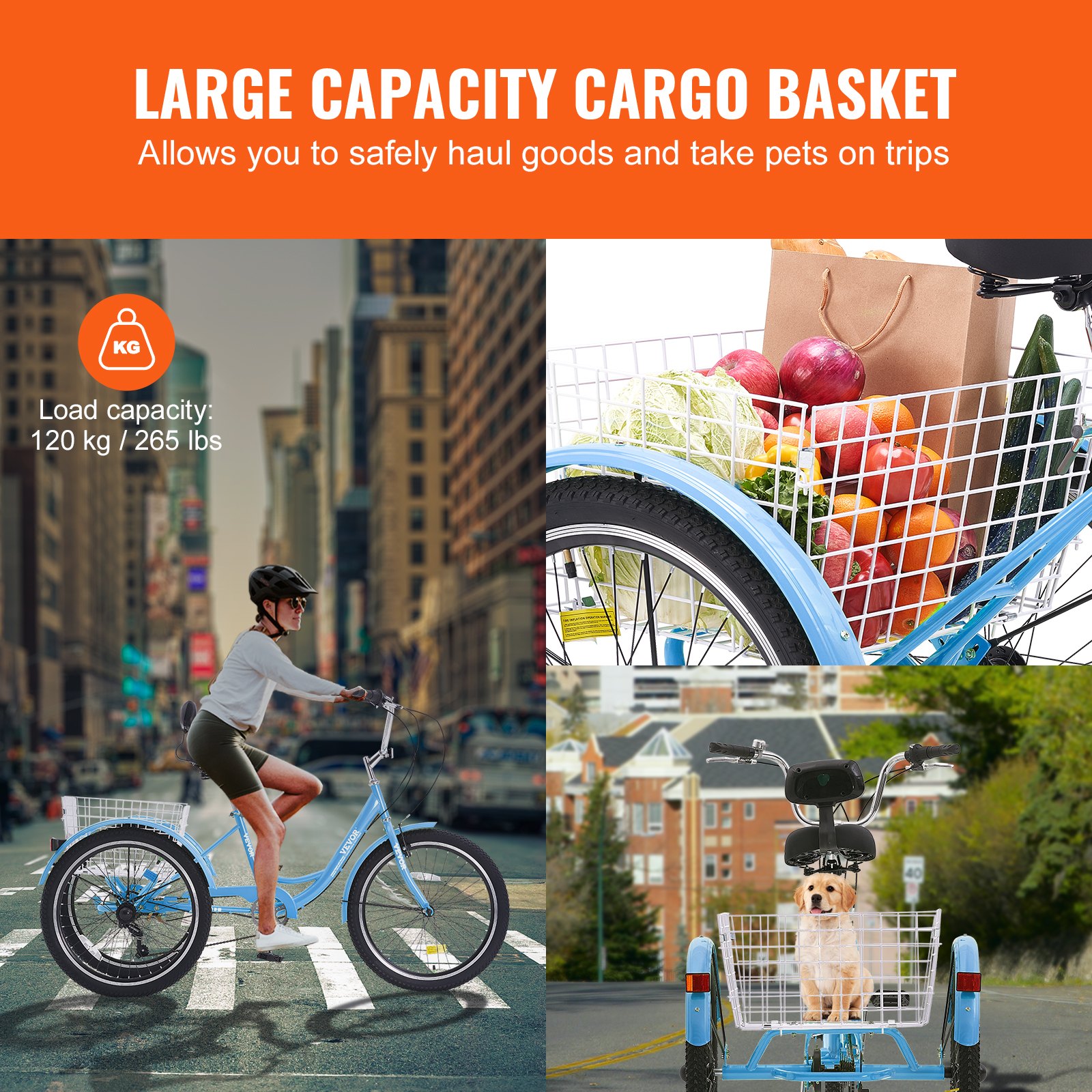 VEVOR Adult Tricycles Bike, 20 Inch Three-Wheeled Bicycles, 3 Wheel Bikes Trikes, Carbon Steel Cruiser Bike with Basket & Adjustable Seat, Picnic Shopping Tricycles for Seniors, Women, Men (Black)