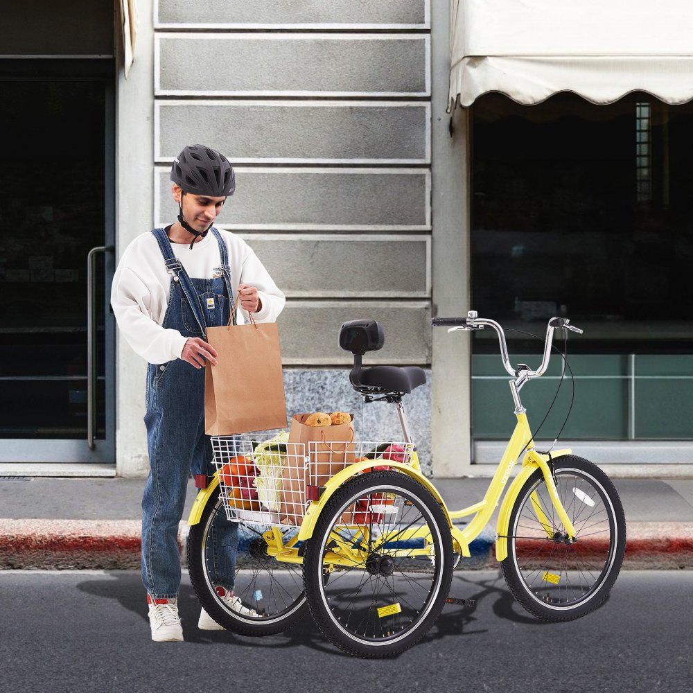 VEVOR Adult Tricycles Bike, 24 Inch Three-Wheeled Bicycles, 3 Wheel Bikes Trikes, Carbon Steel Cruiser Bike with Basket & Adjustable Seat, Picnic Shopping Tricycles for Seniors, Women, Men (Yellow)