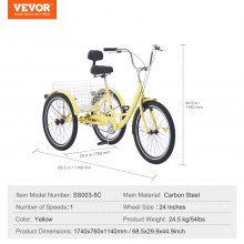 VEVOR Bicicleta de triciclo para adultos, bicicletas de tres ruedas de 24 pulgadas, triciclos de 3 ruedas, bicicleta de crucero de acero al carbono con cesta y asiento ajustable, triciclos de compras de picnic para personas mayores, mujeres, hombres (amarillo)