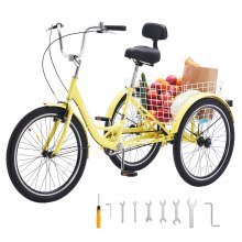 VEVOR Bicicleta de triciclo para adultos, bicicletas de tres ruedas de 24 pulgadas, triciclos de 3 ruedas, bicicleta de crucero de acero al carbono con cesta y asiento ajustable, triciclos de compras de picnic para personas mayores, mujeres, hombres (amarillo)