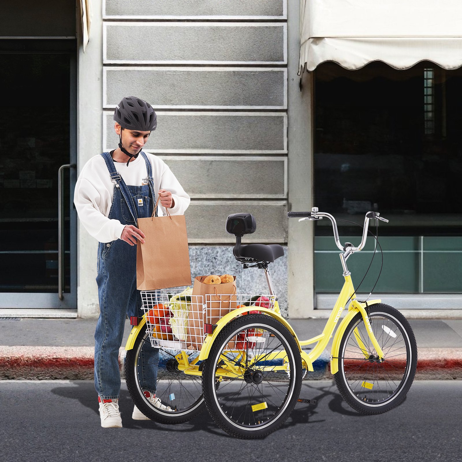 VEVOR Adult Tricycles Bike, 24 Inch Three-Wheeled Bicycles, 3 Wheel Bikes Trikes, Carbon Steel Cruiser Bike with Basket & Adjustable Seat, Picnic Shopping Tricycles for Seniors, Women, Men (Yellow)