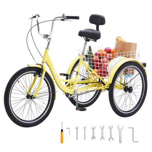 VEVOR Adult Tricycles Bike, 20 Inch Three-Wheeled Bicycles, 3 Wheel Bikes Trikes, Carbon Steel Cruiser Bike with Basket & Adjustable Seat, Picnic Shopping Tricycles for Seniors, Women, Men (Yellow)