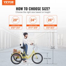VEVOR Adult Tricycles Bike, 20 Inch Three-Wheeled Bicycles, 3 Wheel Bikes Trikes, Carbon Steel Cruiser Bike with Basket & Adjustable Seat, Picnic Shopping Tricycles for Seniors, Women, Men (Yellow)