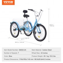 VEVOR Adult Tricycles Bike, 7 Speed Adult Trikes, 24 Inch Three-Wheeled Bicycles, Carbon Steel Cruiser Bike with Basket and Adjustable Seat, Picnic Shopping Tricycles for Seniors, Women, Men (Blue)