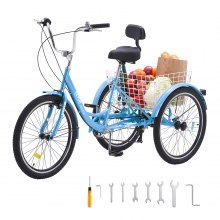 VEVOR Tricycles pour adultes, tricycles pour adultes à 7 vitesses, vélos à trois roues de 24 pouces, vélo de croisière en acier au carbone avec panier et siège réglable, tricycles de pique-nique pour personnes âgées, femmes et hommes (bleu)