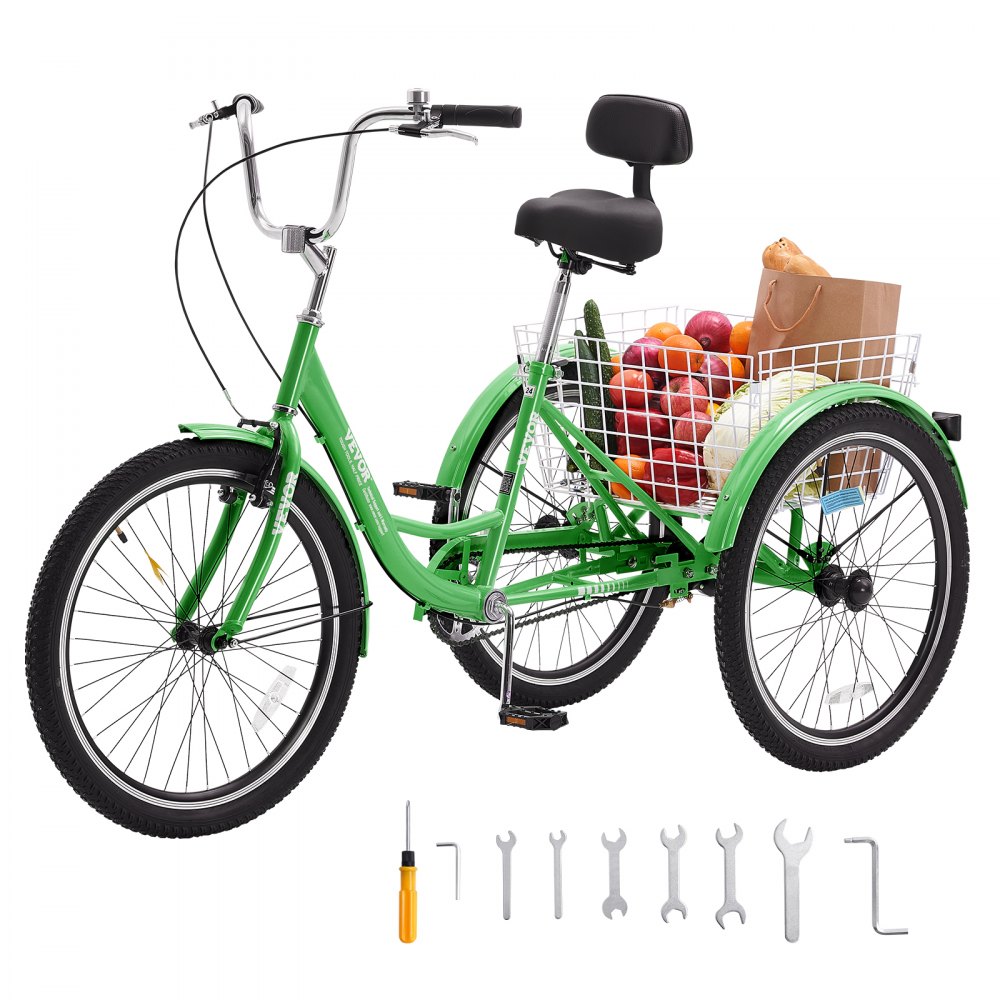 VEVOR Adult Tricycles Bike, 24 Inch Three-Wheeled Bicycles, 3 Wheel Bikes Trikes, Carbon Steel Cruiser Bike with Basket & Adjustable Seat, Picnic Shopping Tricycles for Seniors, Women, Men (Green)