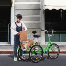 VEVOR Bicicleta de triciclo para adultos, bicicletas de tres ruedas de 24 pulgadas, triciclos de 3 ruedas, bicicleta de crucero de acero al carbono con cesta y asiento ajustable, triciclos de compras de picnic para personas mayores, mujeres, hombres (verde)