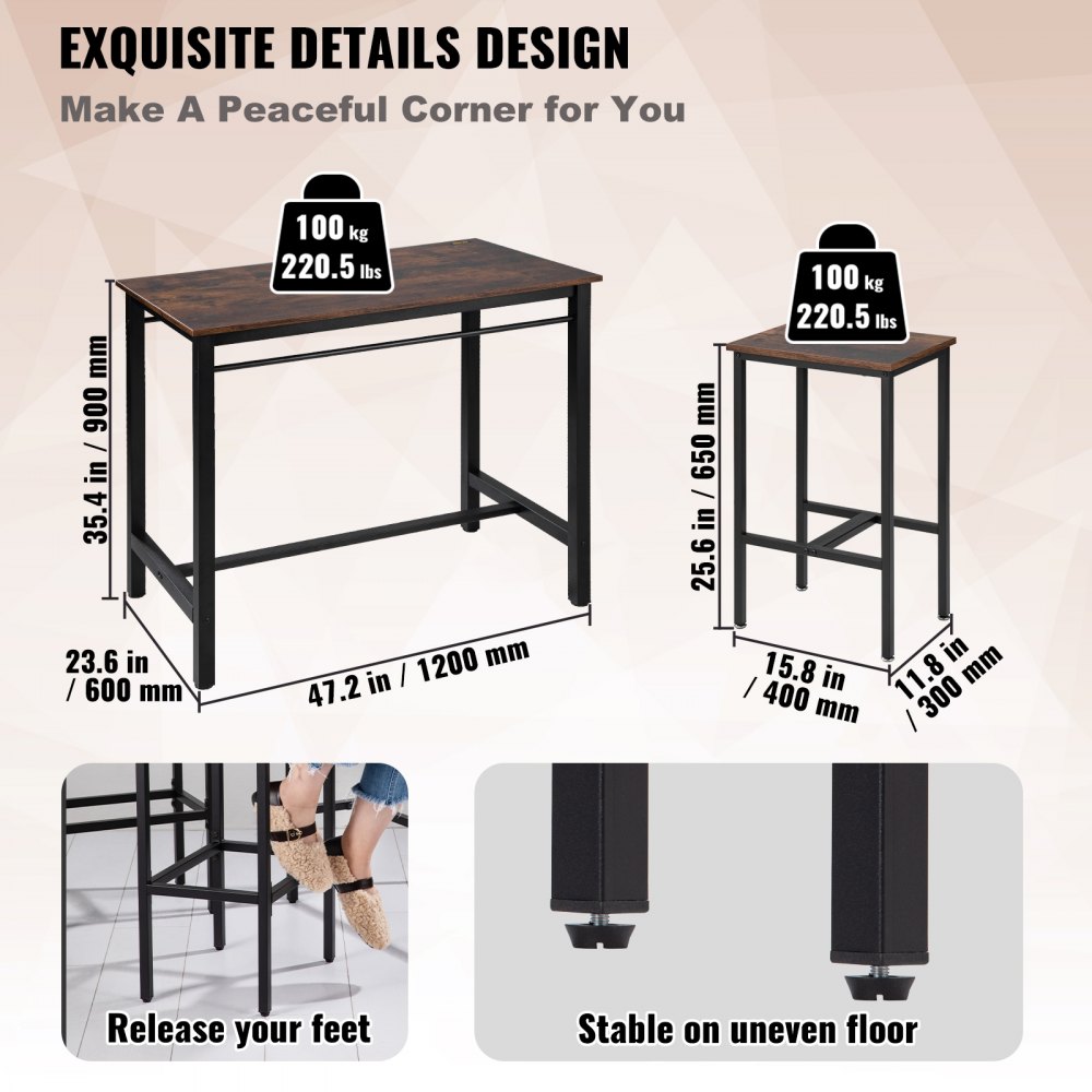 VEVOR Bar Table and Chairs Set 47" Pub Table Set with 4 Bar Stools Kitchen Dining Table and Chairs Set for 4 Iron Frame Counter Height Dining Sets for Home, Kitchen, Living Room