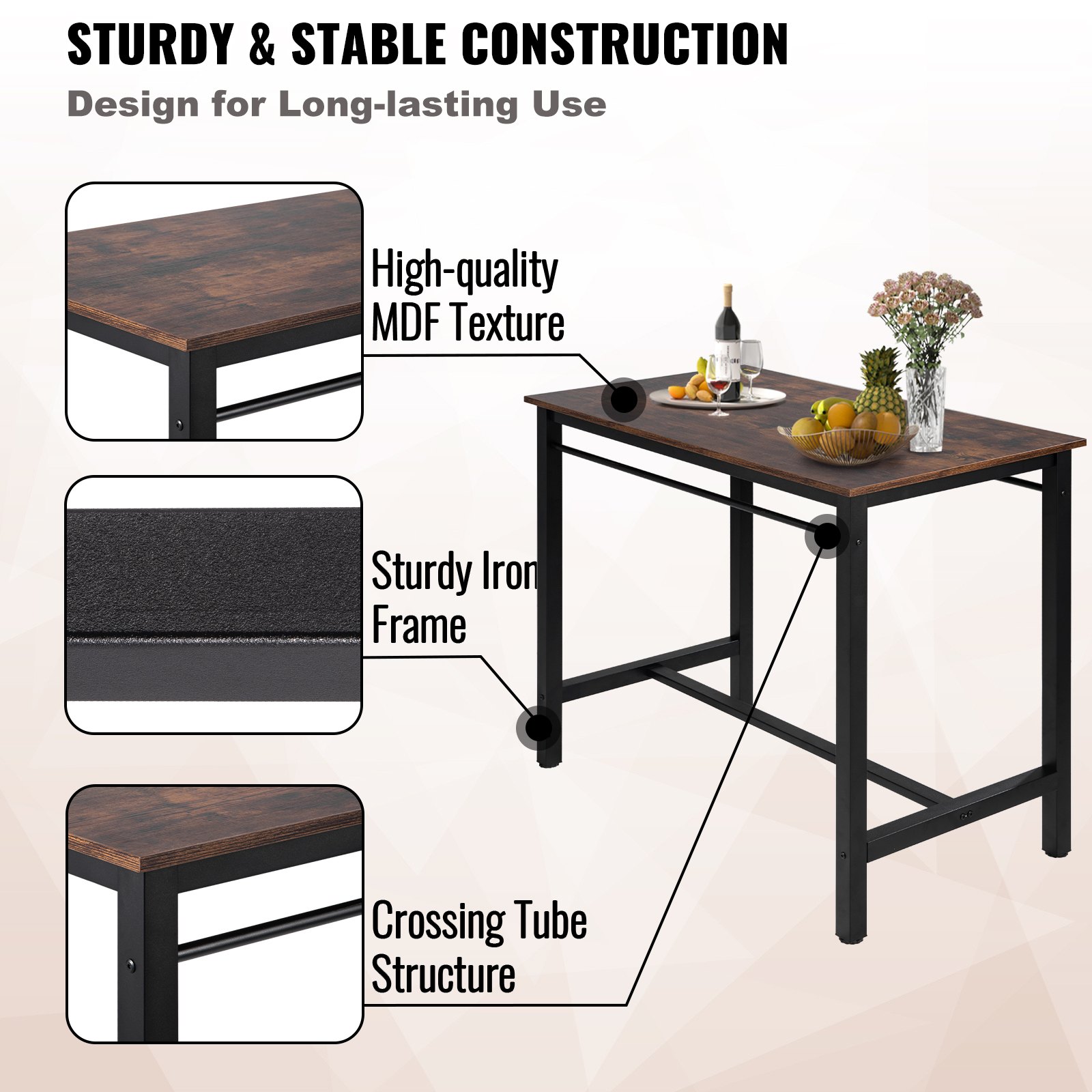 VEVOR Bar Table and Chairs Set 47" Pub Table Set with 4 Bar Stools Kitchen Dining Table and Chairs Set for 4 Iron Frame Counter Height Dining Sets for Home, Kitchen, Living Room