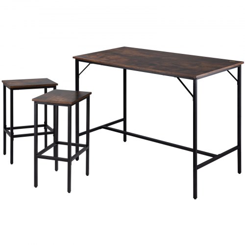 VEVOR Bar Table Set 3-Piece 47" tall table w/ 2 Square Stools Dining table Brown