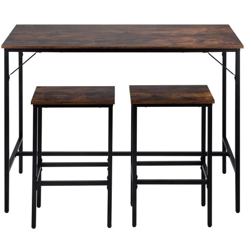 VEVOR Bar Table Set 3-Piece 47" tall table w/ 2 Square Stools Dining table Brown