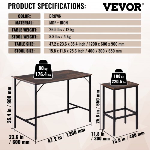 VEVOR Bar Table Set 3-Piece 47" tall table w/ 2 Square Stools Dining table Brown