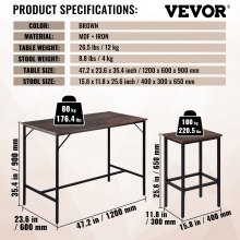 VEVOR Bar Table and Chairs Set 47" Pub Table Set with 2 Bar Stools Kitchen Dining Table and Chairs Set for 2 Iron Frame Counter Height Dining Sets for Home, Kitchen, Living Room