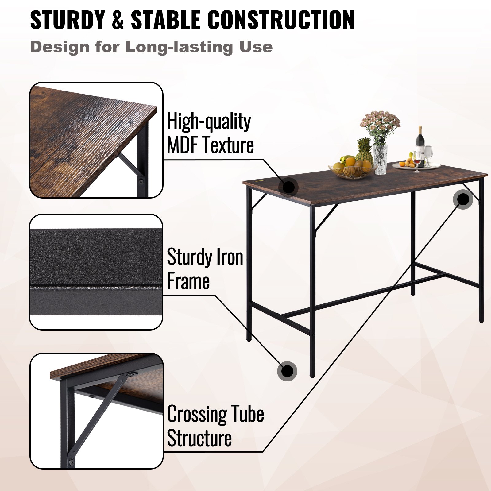 VEVOR Bar Table Set 3-Piece 47" tall table w/ 2 Square Stools Dining table Brown