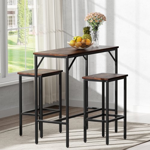 VEVOR Bar Table Set 3-Piece 39" tall table w/ 2 Square Stools Dining table Brown