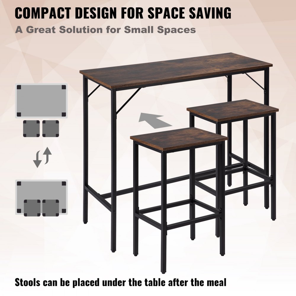 VEVOR Bar Table Set 3-Piece 39" tall table w/ 2 Square Stools Dining table Brown