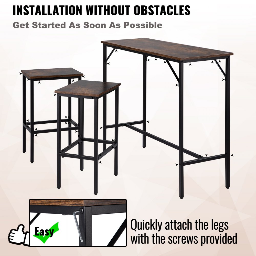 VEVOR Bar Table Set 3-Piece 39" tall table w/ 2 Square Stools Dining table Brown