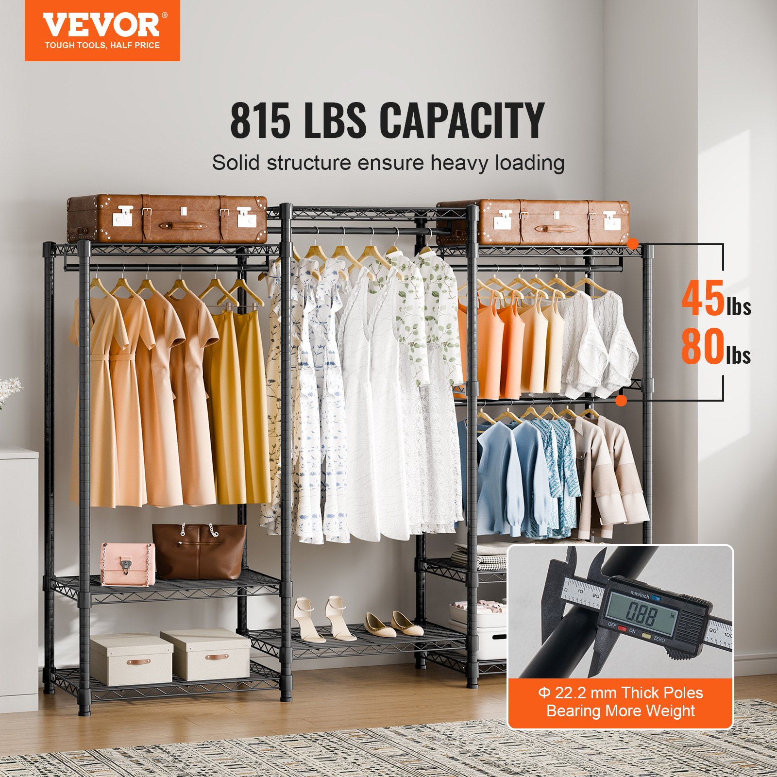 VEVOR Heavy Duty Clothes Rack, Rolling Clothing Garment Rack with 4 Hang Rods & 8 Storage Tiers, Adjustable Custom Closet Rack, Freestanding Wardrobe for Hanging Clothes, 362.9kg Load Capacity