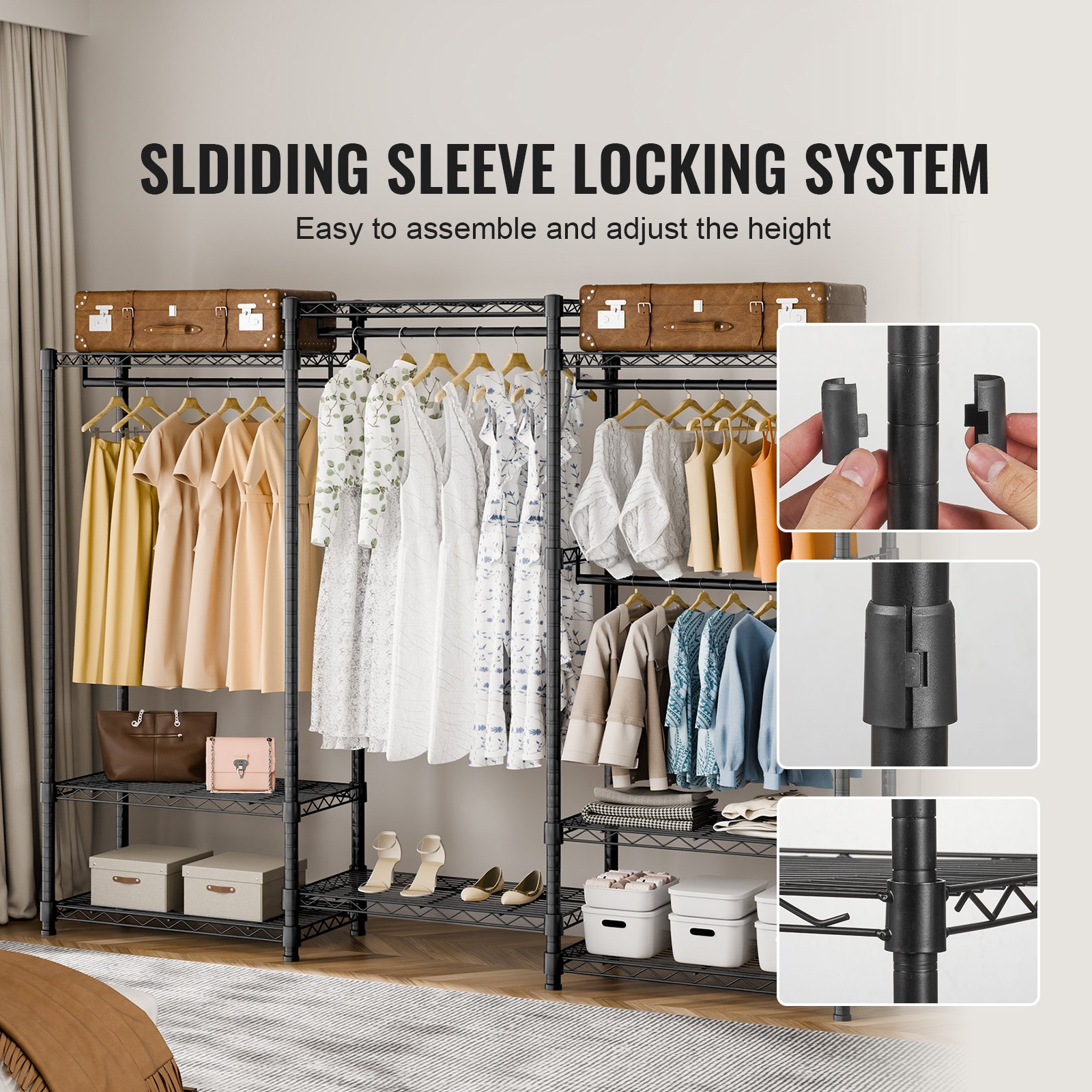 VEVOR Heavy Duty Clothes Rack, Rolling Clothing Garment Rack with 4 Hang Rods & 8 Storage Tiers, Adjustable Custom Closet Rack, Freestanding Wardrobe for Hanging Clothes, 362.9kg Load Capacity